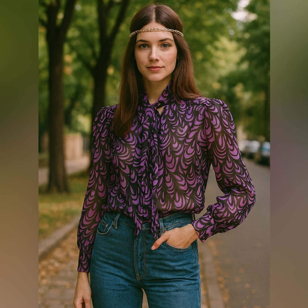 Vintage Milly of New York Purple Black silk Patterned geometric bow Blouse